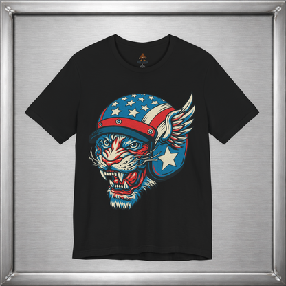 American Cat Helmet Tee  -  Patriotic USA Winged Graphic Unisex T-Shirt for Men & Women