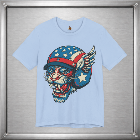 American Cat Helmet Tee  -  Patriotic USA Winged Graphic Unisex T-Shirt for Men & Women