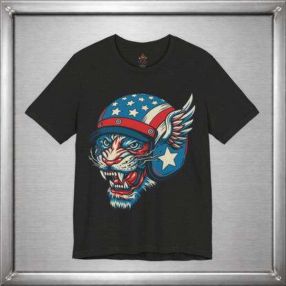 American Cat Helmet Tee  -  Patriotic USA Winged Graphic Unisex T-Shirt for Men & Women