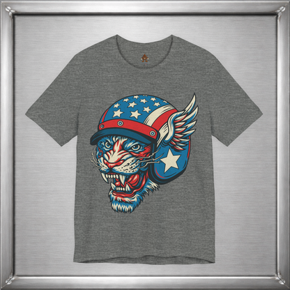 American Cat Helmet Tee  -  Patriotic USA Winged Graphic Unisex T-Shirt for Men & Women
