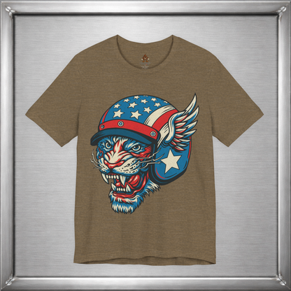 American Cat Helmet Tee  -  Patriotic USA Winged Graphic Unisex T-Shirt for Men & Women