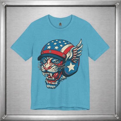 American Cat Helmet Tee  -  Patriotic USA Winged Graphic Unisex T-Shirt for Men & Women