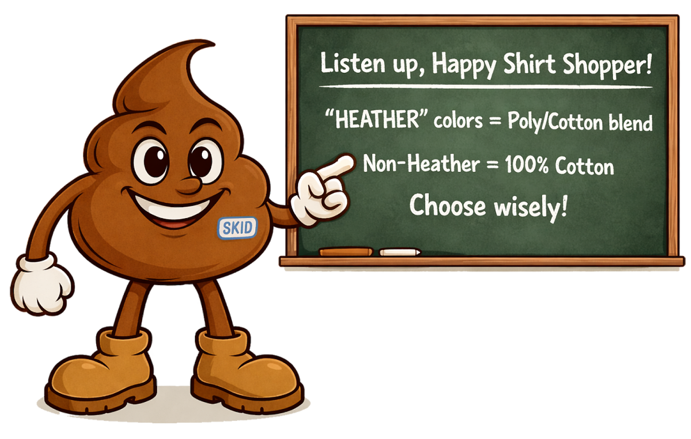 Heather colors are poly-cotton blend shirts. Non-heather colors are 100% cotton.